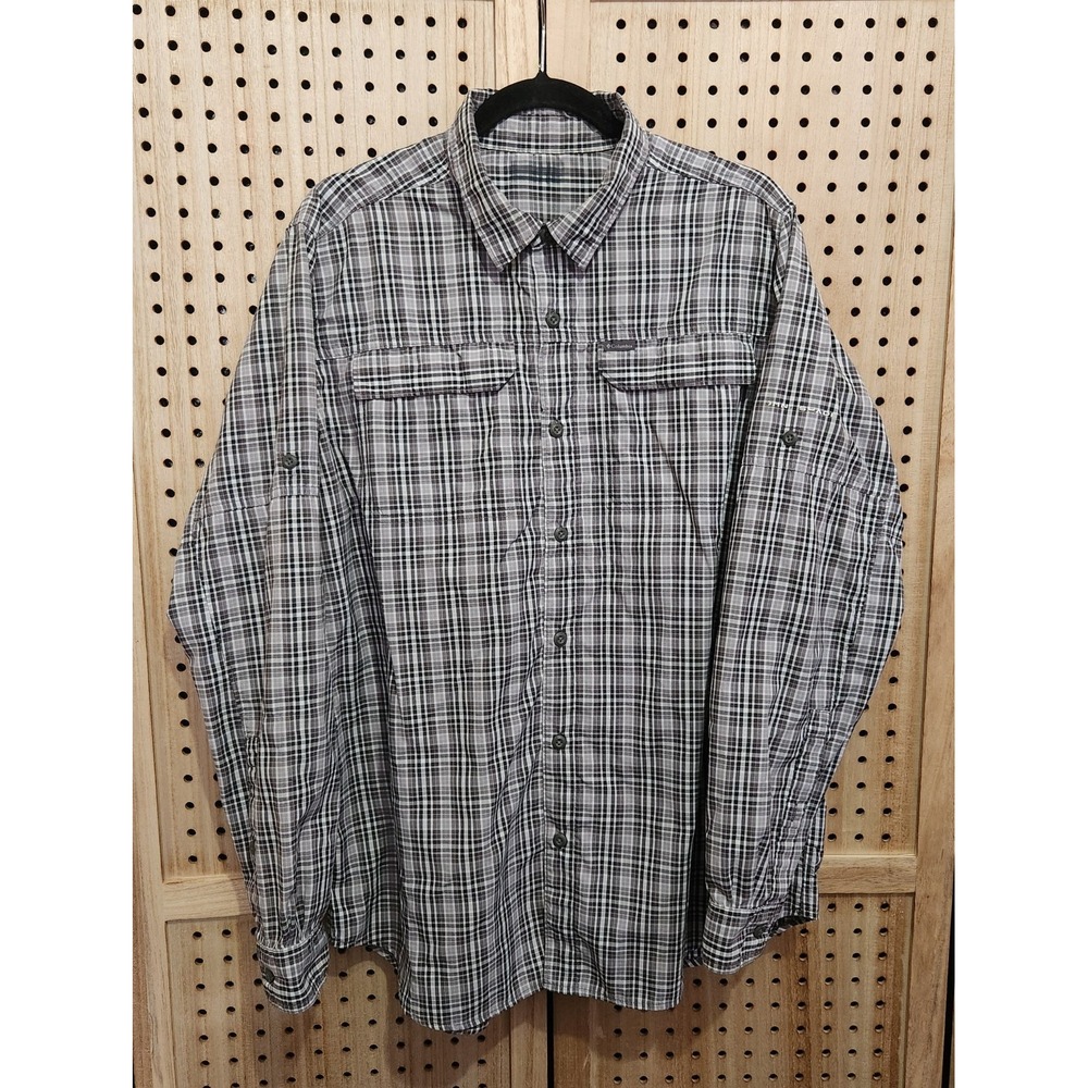 Columbia Omni Shade Button Front Shirt L Black White Brown Plaid Fishing Outdoor